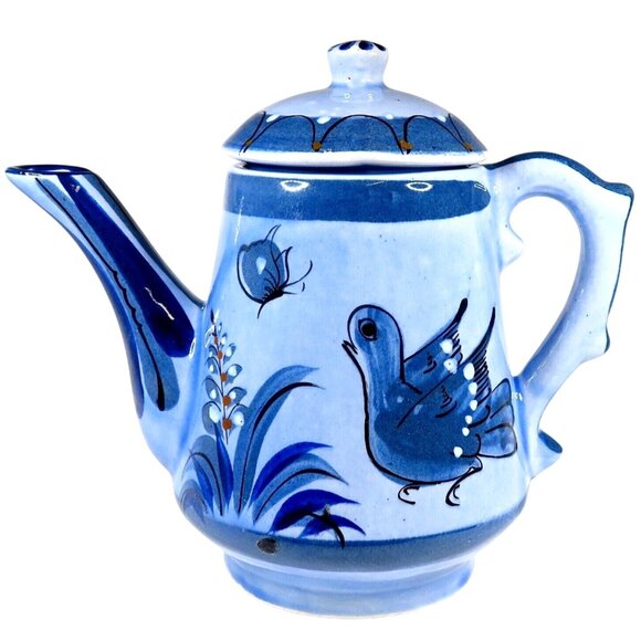 Tonala Blue Bird & Butterfly Teapot with Lid Vintage Signed Mexican Pottery - Picture 1 of 9